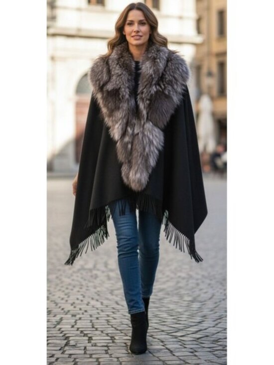 ANNABELL NEW YORK Jackets & Blazers - DESIGNER ANAABELL NEW YORK BLACK WOOL BLEND SILVER GREY FOX COLLAR FRINGE CAPE
